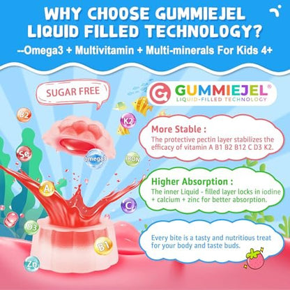 Nextdia Omega-3 (EPA/DHA) Gummis für Kinder & Teenager mit Multivitamin, Calcium + D3 + K2 + Zink, plus Vitamin A, B1, B2, B12, C, Selen, Jod – für Gehirn, Augen, Knochen, Energie – ohne Fischgeschmack, zuckerfrei, 60 Stück