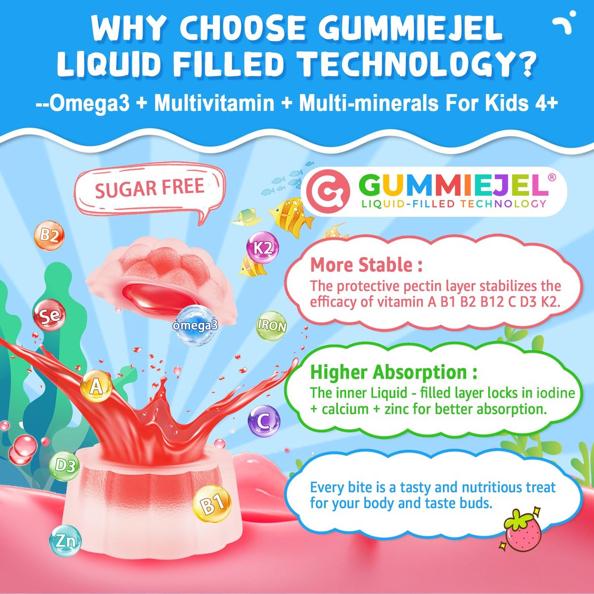 Nextdia Omega-3 (EPA/DHA) Gummis für Kinder & Teenager mit Multivitamin, Calcium + D3 + K2 + Zink, plus Vitamin A, B1, B2, B12, C, Selen, Jod – für Gehirn, Augen, Knochen, Energie – ohne Fischgeschmack, zuckerfrei, 60 Stück