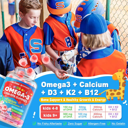 Nextdia Omega-3 (EPA/DHA) Gummis für Kinder & Teenager mit Multivitamin, Calcium + D3 + K2 + Zink, plus Vitamin A, B1, B2, B12, C, Selen, Jod – für Gehirn, Augen, Knochen, Energie – ohne Fischgeschmack, zuckerfrei, 60 Stück
