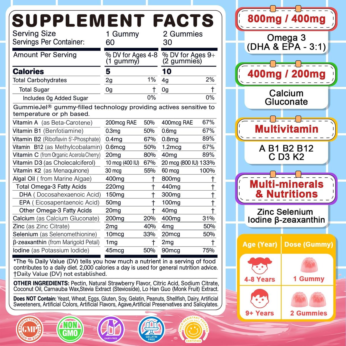 Nextdia Omega-3 (EPA/DHA) Gummis für Kinder & Teenager mit Multivitamin, Calcium + D3 + K2 + Zink, plus Vitamin A, B1, B2, B12, C, Selen, Jod – für Gehirn, Augen, Knochen, Energie – ohne Fischgeschmack, zuckerfrei, 60 Stück