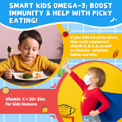 Nextdia Omega-3 (EPA/DHA) Gummis für Kinder & Teenager mit Multivitamin, Calcium + D3 + K2 + Zink, plus Vitamin A, B1, B2, B12, C, Selen, Jod – für Gehirn, Augen, Knochen, Energie – ohne Fischgeschmack, zuckerfrei, 60 Stück