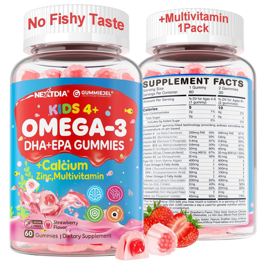 Nextdia Omega-3 (EPA/DHA) Gummis für Kinder & Teenager mit Multivitamin, Calcium + D3 + K2 + Zink, plus Vitamin A, B1, B2, B12, C, Selen, Jod – für Gehirn, Augen, Knochen, Energie – ohne Fischgeschmack, zuckerfrei, 60 Stück