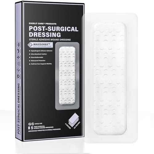 EVERLIT Post-Chirurgischer Verband | Steriler, wasserdichter Wundverband für postoperative Wundversorgung | Hypoallergener Silikonverband für Operationswunden, 5er-Pack (10 x 25 cm)