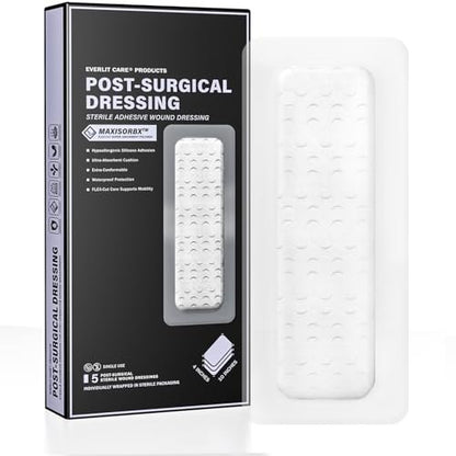 EVERLIT Post-Chirurgischer Verband | Steriler, wasserdichter Wundverband für postoperative Wundversorgung | Hypoallergener Silikonverband für Operationswunden, 5er-Pack (10 x 25 cm)