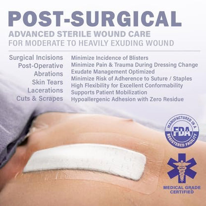 EVERLIT Post-Chirurgischer Verband | Steriler, wasserdichter Wundverband für postoperative Wundversorgung | Hypoallergener Silikonverband für Operationswunden, 5er-Pack (10 x 25 cm)