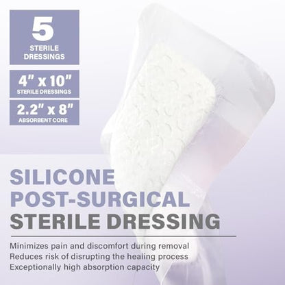EVERLIT Post-Chirurgischer Verband | Steriler, wasserdichter Wundverband für postoperative Wundversorgung | Hypoallergener Silikonverband für Operationswunden, 5er-Pack (10 x 25 cm)