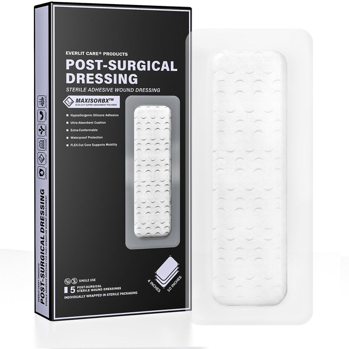 EVERLIT Post-Chirurgischer Verband | Steriler, wasserdichter Wundverband für postoperative Wundversorgung | Hypoallergener Silikonverband für Operationswunden, 5er-Pack (10 x 25 cm)