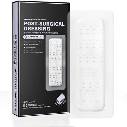 EVERLIT Post-Chirurgischer Verband | Steriler, wasserdichter Wundverband für postoperative Wundversorgung | Hypoallergener Silikonverband für Operationswunden, 5er-Pack (10 x 25 cm)