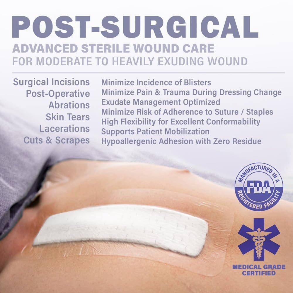 EVERLIT Post-Chirurgischer Verband | Steriler, wasserdichter Wundverband für postoperative Wundversorgung | Hypoallergener Silikonverband für Operationswunden, 5er-Pack (10 x 25 cm)