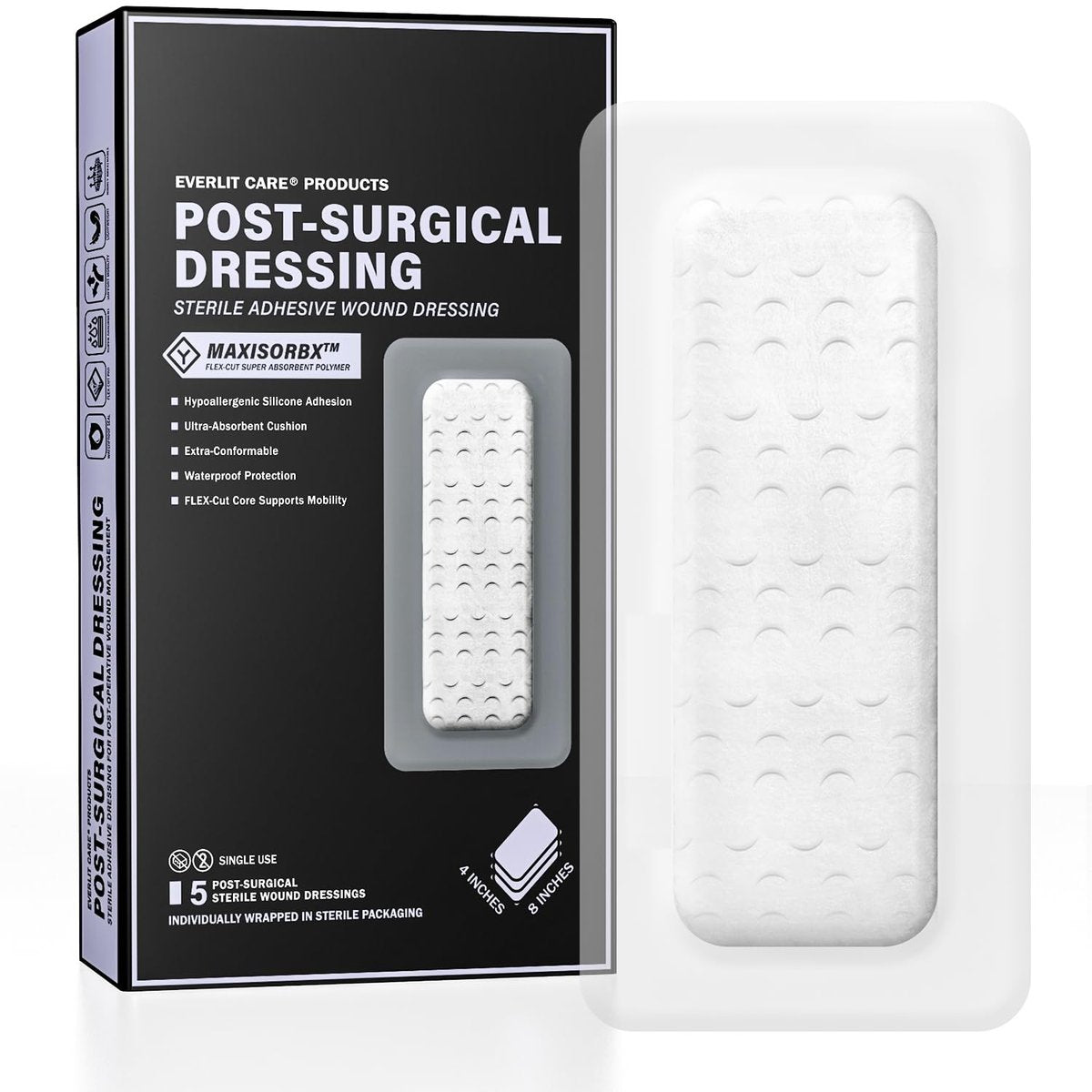 EVERLIT Post-Operatives Wundpflaster | Steriles, wasserdichtes, hypoallergenes Silikonpflaster für chirurgische Wunden | 5 Stück (10 x 20 cm)