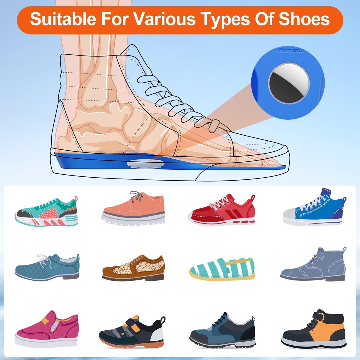 Hidden Holder Insole kompatibel mit AirTag – Einlegesohle für Tracker, für Kinder, Erwachsene und Senioren, sichere Passform für Turnschuhe & Alltagsschuhe, Anti-Verlust weiche Schuheinlagen, Blau (195-210mm)