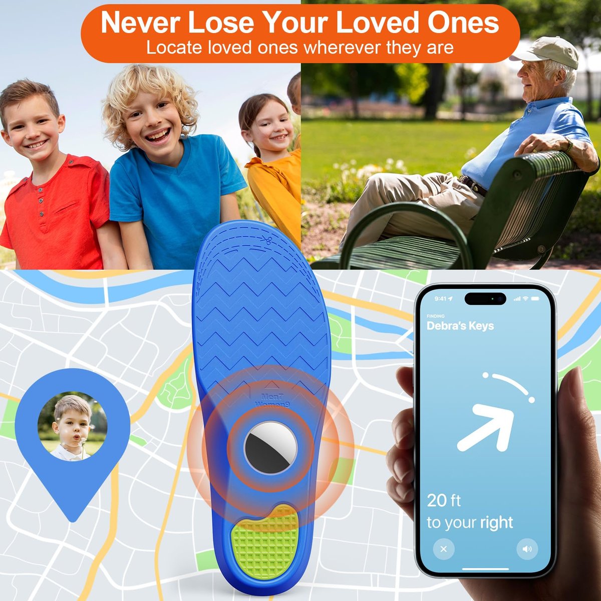 Hidden Holder Insole kompatibel mit AirTag – Einlegesohle für Tracker, für Kinder, Erwachsene und Senioren, sichere Passform für Turnschuhe & Alltagsschuhe, Anti-Verlust weiche Schuheinlagen, Blau (195-210mm)
