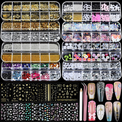 Teenitor Nagelverzierungen Set – 8 Boxen Nagelrhinsteine & 20 Blatt Nagelaufkleber, 3D Gold Nail Charms und Perlen für Nail Art