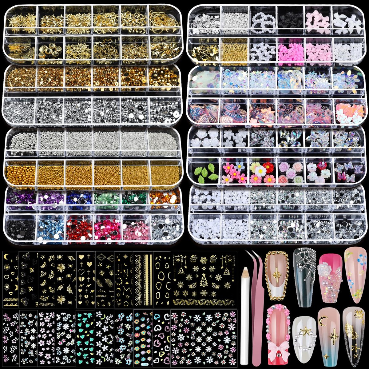 Teenitor Nagelverzierungen Set – 8 Boxen Nagelrhinsteine & 20 Blatt Nagelaufkleber, 3D Gold Nail Charms und Perlen für Nail Art