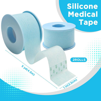 OK TAPE Silikon-Medizinisches Tape (2 Rollen) für empfindliche Haut, wasserdichtes chirurgisches Tape zur Fixierung von Verbänden und Gaze, schmerzfreie Entfernung, Mikropore-Tape, Erste-Hilfe-Bandage, 1" x 5 Yards, Blau