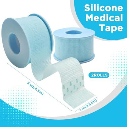 OK TAPE Silikon-Medizinisches Tape (2 Rollen) für empfindliche Haut, wasserdichtes chirurgisches Tape zur Fixierung von Verbänden und Gaze, schmerzfreie Entfernung, Mikropore-Tape, Erste-Hilfe-Bandage, 1" x 5 Yards, Blau