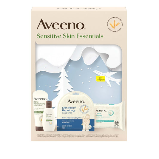 Aveeno Sensitive Skin Essentials Geschenkset – Feuchtigkeitslotion, Duschgel, Make-up-Entferner & Handmaske, 4-teilig