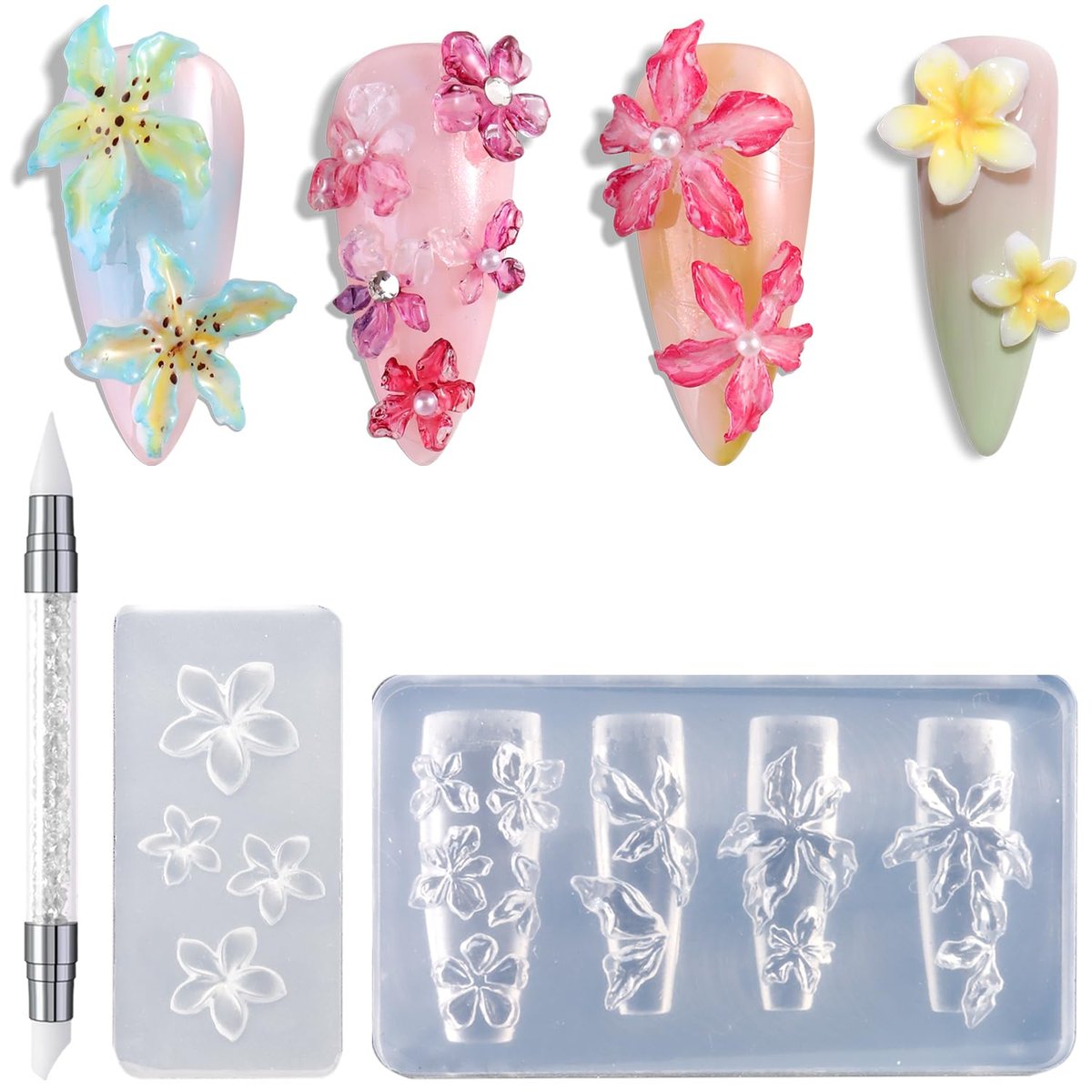 FSpronail Silikon-Nagelformen, 2 Stück wiederverwendbare klare 3D-Blumen-Nagelkunstformen mit Gravurstift, Kirschblüte, Plumeria, Hibiskus, Nageldesign-Schablonen, DIY-Charms, Harzzubehör