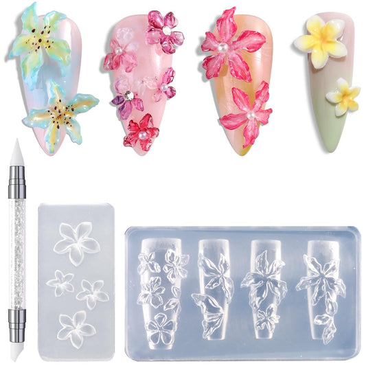FSpronail Silikon-Nagelformen, 2 Stück wiederverwendbare klare 3D-Blumen-Nagelkunstformen mit Gravurstift, Kirschblüte, Plumeria, Hibiskus, Nageldesign-Schablonen, DIY-Charms, Harzzubehör