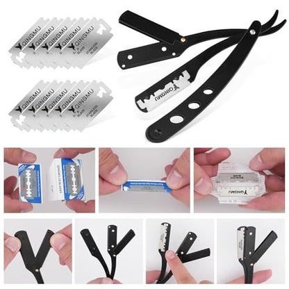 Bartformer für Männer Bartformwerkzeug – Geschenke für Männer Bartschablone, Rasierer mit gerader Klinge, 10 Doppelklingen, Barberstift, Bartkamm, Edelstahlschere zum Formen des Schnurrbarts