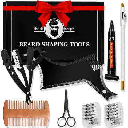 Bartformer für Männer Bartformwerkzeug – Geschenke für Männer Bartschablone, Rasierer mit gerader Klinge, 10 Doppelklingen, Barberstift, Bartkamm, Edelstahlschere zum Formen des Schnurrbarts