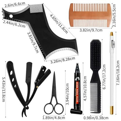 Bartformer für Männer Bartformwerkzeug – Geschenke für Männer Bartschablone, Rasierer mit gerader Klinge, 10 Doppelklingen, Barberstift, Bartkamm, Edelstahlschere zum Formen des Schnurrbarts