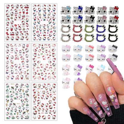 Niedliche Katzen-Nagelaufkleber und 40-teiliges Cartoon-Katzen-Nagelzubehör-Set – Kawaii Herz-Buchstaben-Nagelkunst-Dekorationen für Frauen, DIY-Party-Nageldekoration