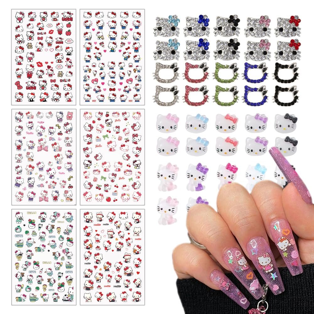 Niedliche Katzen-Nagelaufkleber und 40-teiliges Cartoon-Katzen-Nagelzubehör-Set – Kawaii Herz-Buchstaben-Nagelkunst-Dekorationen für Frauen, DIY-Party-Nageldekoration