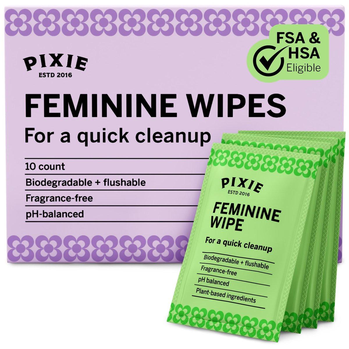 Pixie Feminine Wipes – Spülbar, biologisch abbaubar & pH-ausgeglichen – einzeln verpackte Feuchttücher für unterwegs & öffentliche Toiletten – Reinigung für Menstruationstassen & -scheiben (1 Packung mit 10 Tüchern)