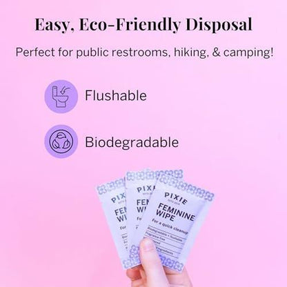Pixie Feminine Wipes – Spülbar, biologisch abbaubar & pH-ausgeglichen – einzeln verpackte Feuchttücher für unterwegs & öffentliche Toiletten – Reinigung für Menstruationstassen & -scheiben (1 Packung mit 10 Tüchern)