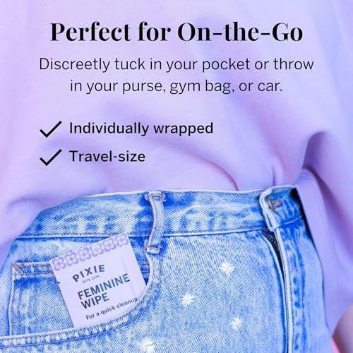 Pixie Feminine Wipes – Spülbar, biologisch abbaubar & pH-ausgeglichen – einzeln verpackte Feuchttücher für unterwegs & öffentliche Toiletten – Reinigung für Menstruationstassen & -scheiben (1 Packung mit 10 Tüchern)