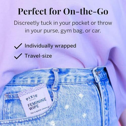 Pixie Feminine Wipes – Spülbar, biologisch abbaubar & pH-ausgeglichen – einzeln verpackte Feuchttücher für unterwegs & öffentliche Toiletten – Reinigung für Menstruationstassen & -scheiben (1 Packung mit 10 Tüchern)