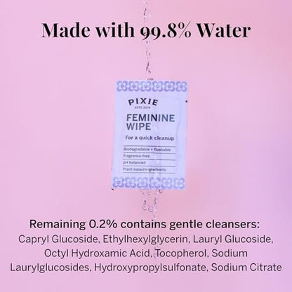 Pixie Feminine Wipes – Für unterwegs: Feuchttücher für die Intimhygiene – Sicher für Menstruationstassen & Scheiben – Biologisch abbaubar, spülbar, pH-neutral & unparfümiert (20 Tücher)