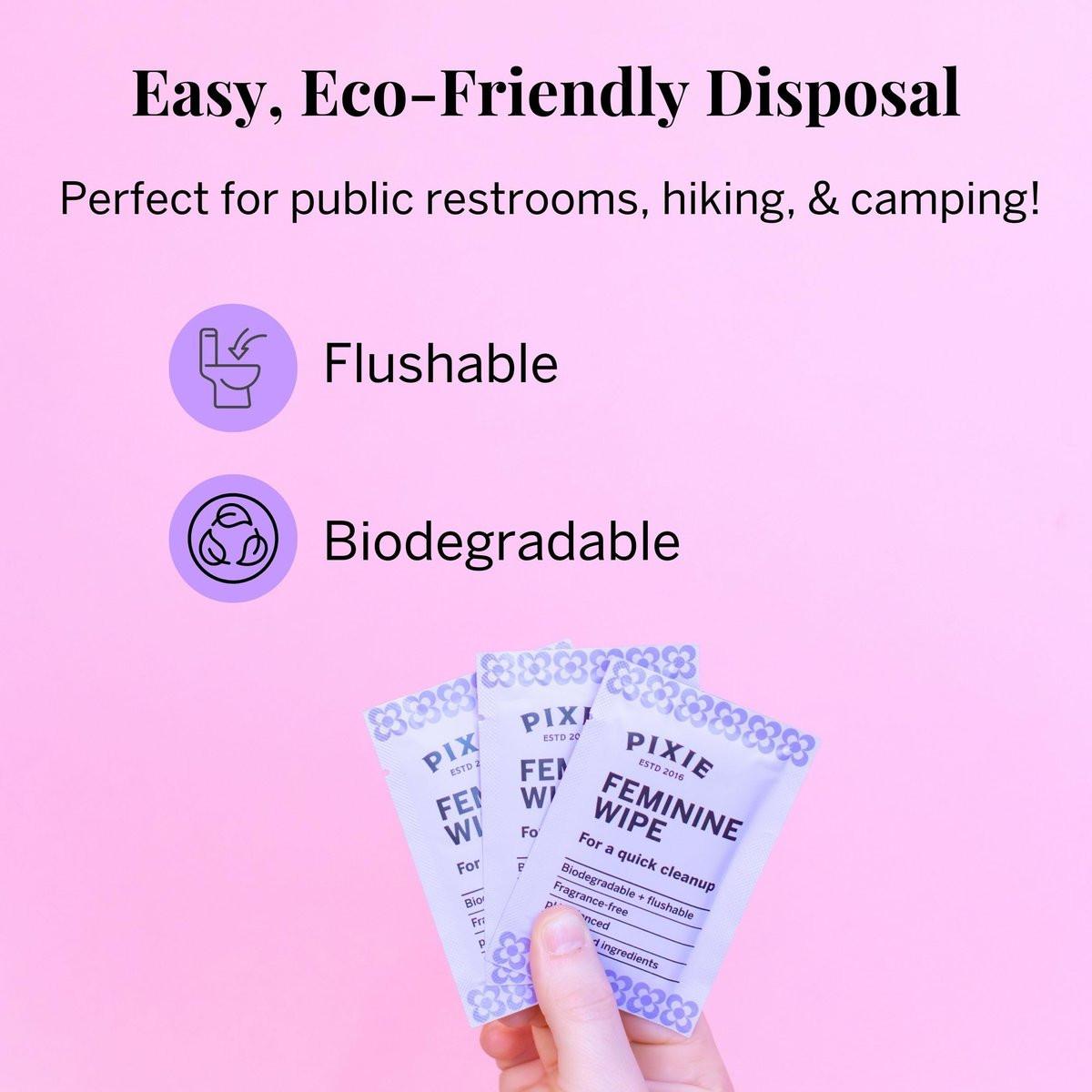 Pixie Feminine Wipes – Spülbar, biologisch abbaubar & pH-ausgeglichen – einzeln verpackte Feuchttücher für unterwegs & öffentliche Toiletten – Reinigung für Menstruationstassen & -scheiben (1 Packung mit 10 Tüchern)