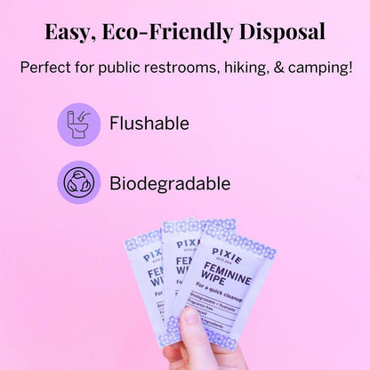 Pixie Feminine Wipes – Spülbar, biologisch abbaubar & pH-ausgeglichen – einzeln verpackte Feuchttücher für unterwegs & öffentliche Toiletten – Reinigung für Menstruationstassen & -scheiben (1 Packung mit 10 Tüchern)