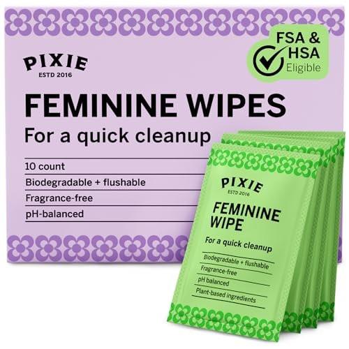 Pixie Feminine Wipes – Spülbar, biologisch abbaubar & pH-ausgeglichen – einzeln verpackte Feuchttücher für unterwegs & öffentliche Toiletten – Reinigung für Menstruationstassen & -scheiben (1 Packung mit 10 Tüchern)