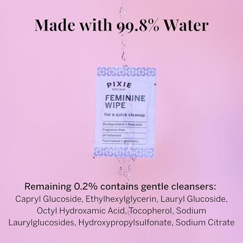 Pixie Feminine Wipes – Für unterwegs: Feuchttücher für die Intimhygiene – Sicher für Menstruationstassen & Scheiben – Biologisch abbaubar, spülbar, pH-neutral & unparfümiert (20 Tücher)