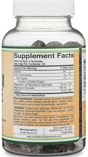 Magnesiumglycinat Gummibärchen (400 mg pro Portion, 30-Tage-Vorrat, Traubengeschmack) – Hochabsorbierendes Magnesiumpräparat für Erwachsene und Kinder von Double Wood Supplements