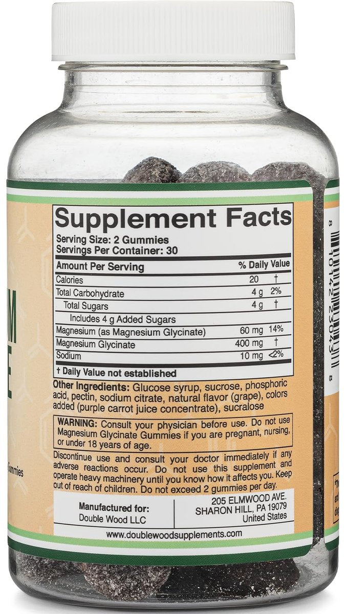 Magnesiumglycinat Gummibärchen (400 mg pro Portion, 30-Tage-Vorrat, Traubengeschmack) – Hochabsorbierendes Magnesiumpräparat für Erwachsene und Kinder von Double Wood Supplements