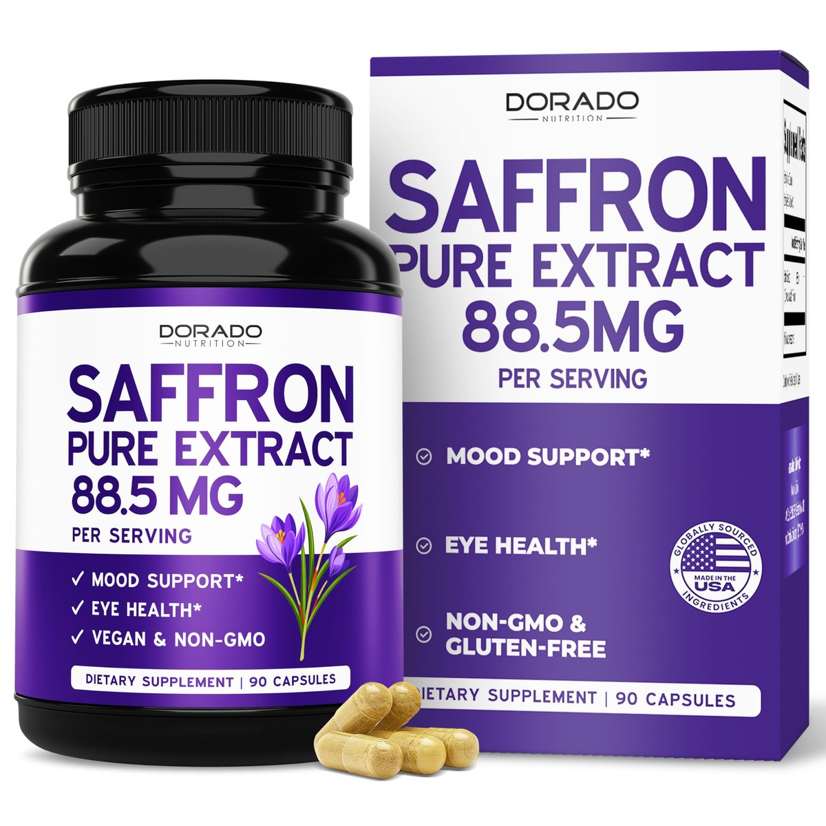 Safran-Ergänzung für Stimmung, Energie & Sehkraft (3-Monats-Vorrat) – Reiner Safran-Extrakt 88,5 mg pro Portion – Vegan, glutenfrei, drittgeprüft & nicht genetisch verändert – Hergestellt in den USA (90 vegane Kapseln)