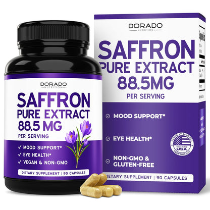 Safran-Ergänzung für Stimmung, Energie & Sehkraft (3-Monats-Vorrat) – Reiner Safran-Extrakt 88,5 mg pro Portion – Vegan, glutenfrei, drittgeprüft & nicht genetisch verändert – Hergestellt in den USA (90 vegane Kapseln)