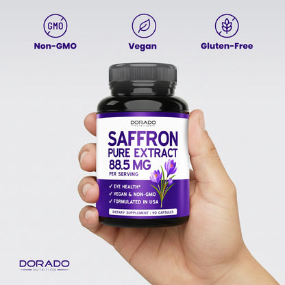 Safran-Ergänzung für Stimmung, Energie & Sehkraft (3-Monats-Vorrat) – Reiner Safran-Extrakt 88,5 mg pro Portion – Vegan, glutenfrei, drittgeprüft & nicht genetisch verändert – Hergestellt in den USA (90 vegane Kapseln)