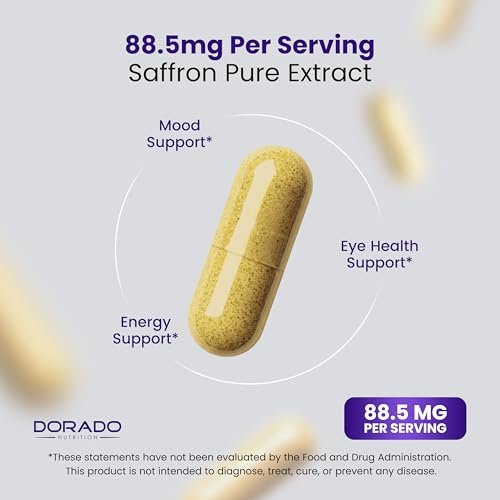 Safran-Ergänzung für Stimmung, Energie & Sehkraft (3-Monats-Vorrat) – Reiner Safran-Extrakt 88,5 mg pro Portion – Vegan, glutenfrei, drittgeprüft & nicht genetisch verändert – Hergestellt in den USA (90 vegane Kapseln)