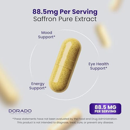 Safran-Ergänzung für Stimmung, Energie & Sehkraft (3-Monats-Vorrat) – Reiner Safran-Extrakt 88,5 mg pro Portion – Vegan, glutenfrei, drittgeprüft & nicht genetisch verändert – Hergestellt in den USA (90 vegane Kapseln)