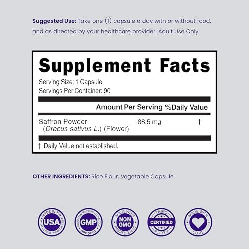 Safran-Ergänzung für Stimmung, Energie & Sehkraft (3-Monats-Vorrat) – Reiner Safran-Extrakt 88,5 mg pro Portion – Vegan, glutenfrei, drittgeprüft & nicht genetisch verändert – Hergestellt in den USA (90 vegane Kapseln)