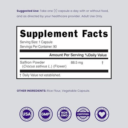 Safran-Ergänzung für Stimmung, Energie & Sehkraft (3-Monats-Vorrat) – Reiner Safran-Extrakt 88,5 mg pro Portion – Vegan, glutenfrei, drittgeprüft & nicht genetisch verändert – Hergestellt in den USA (90 vegane Kapseln)