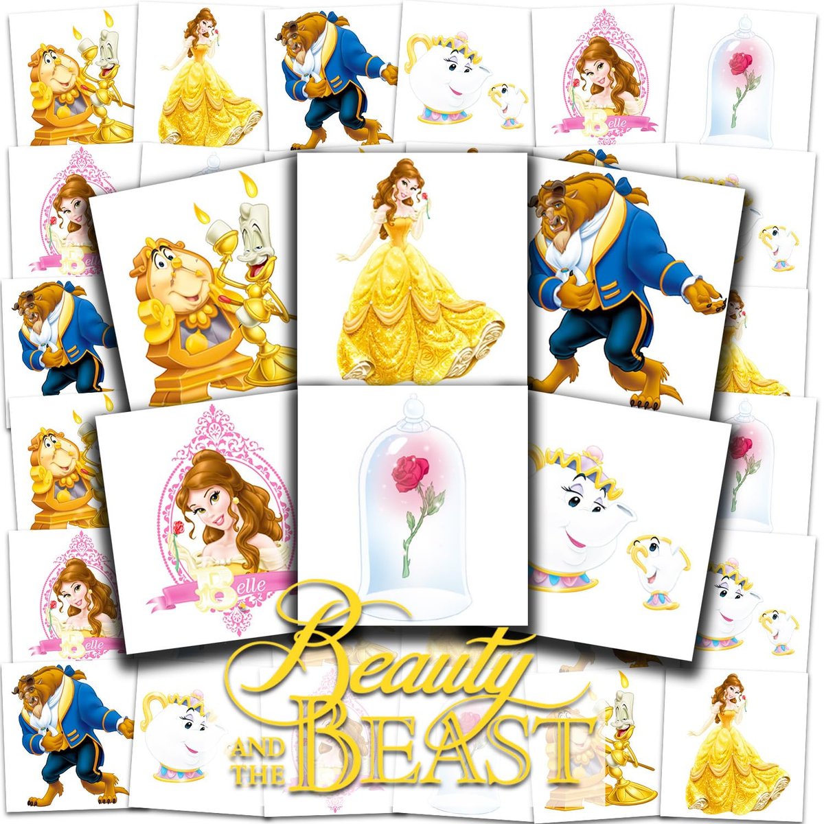 Beauty and the Beast Tattoos Party Favors Bundle - 72 per Stück perforierte individuelle 2" x 2" Prinzessin Belle temporäre Tattoos für Kinder Jungen Mädchen | Beauty and the Beast Partyzubehör