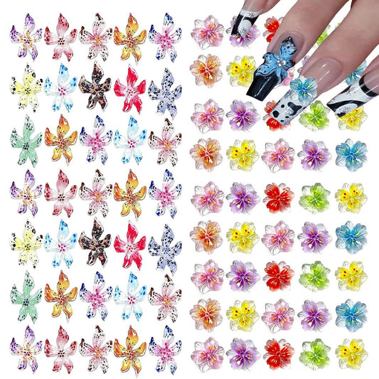 KACHIMOO 100 Stück Blumen-Nagelkunst-Charm 3D-Blumen für Nägel, gemischte Farben, Hibiskus-Nägel Hawaii, Nagelrhinsteine, Harz-Nagel-Edelsteine für Frauen Nageldesign