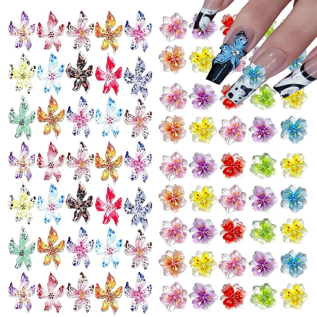 KACHIMOO 100 Stück Blumen-Nagelkunst-Charm 3D-Blumen für Nägel, gemischte Farben, Hibiskus-Nägel Hawaii, Nagelrhinsteine, Harz-Nagel-Edelsteine für Frauen Nageldesign