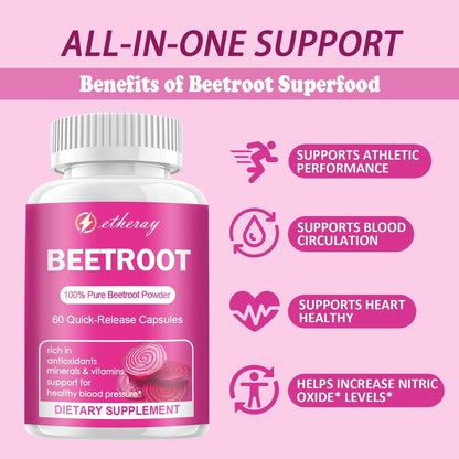 Rote Bete Kapseln - 1300mg Bio Rote Bete Pulver, 60 Kapseln für 30 Tage - Natürliches & veganes Nahrungsergänzungsmittel